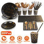 201PCS Black Gold Birthday Party Supplies For 25 Guests Happy Birthday Disposable Dinnerware Set