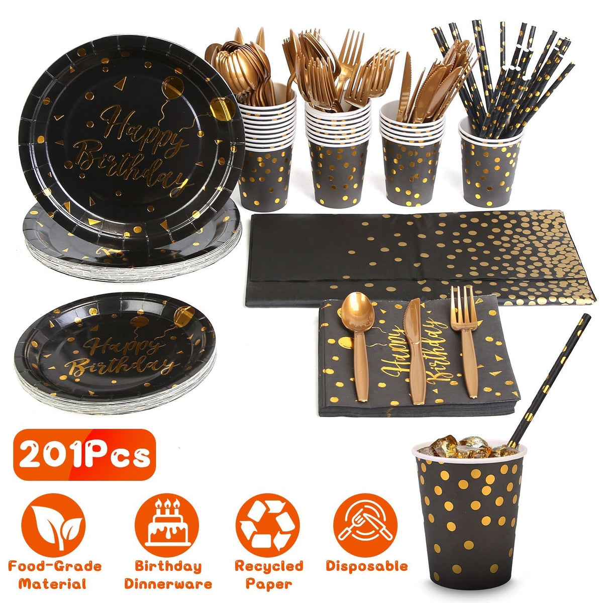 201PCS Black Gold Birthday Party Supplies For 25 Guests Happy Birthday Disposable Dinnerware Set
