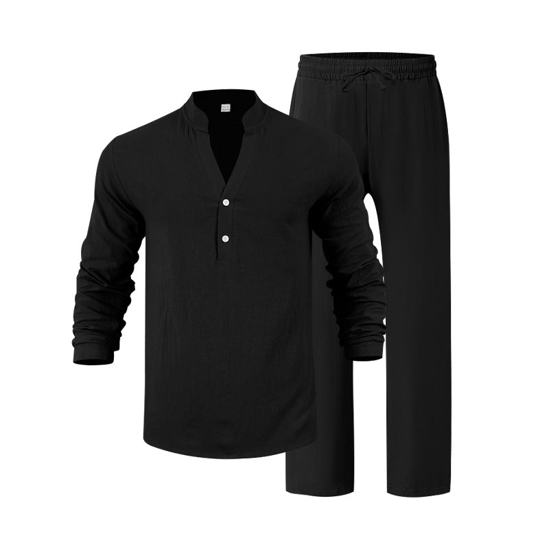 Mens Loose-Fit Long-sleeved Suit Casual Breathable V-Neck Henley Shirt