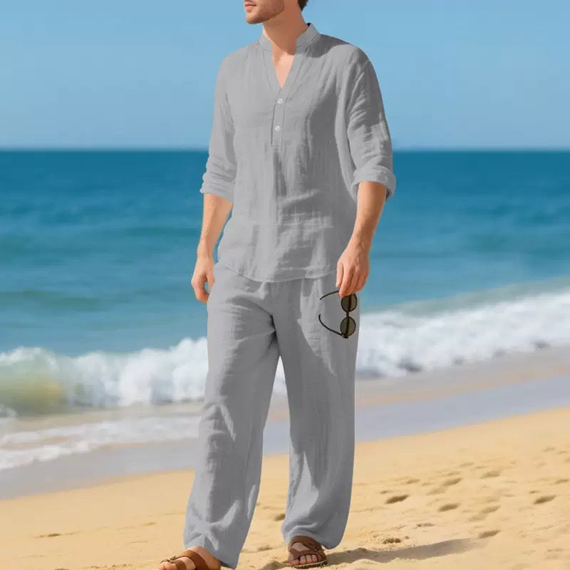 Mens Loose-Fit Long-sleeved Suit Casual Breathable V-Neck Henley Shirt