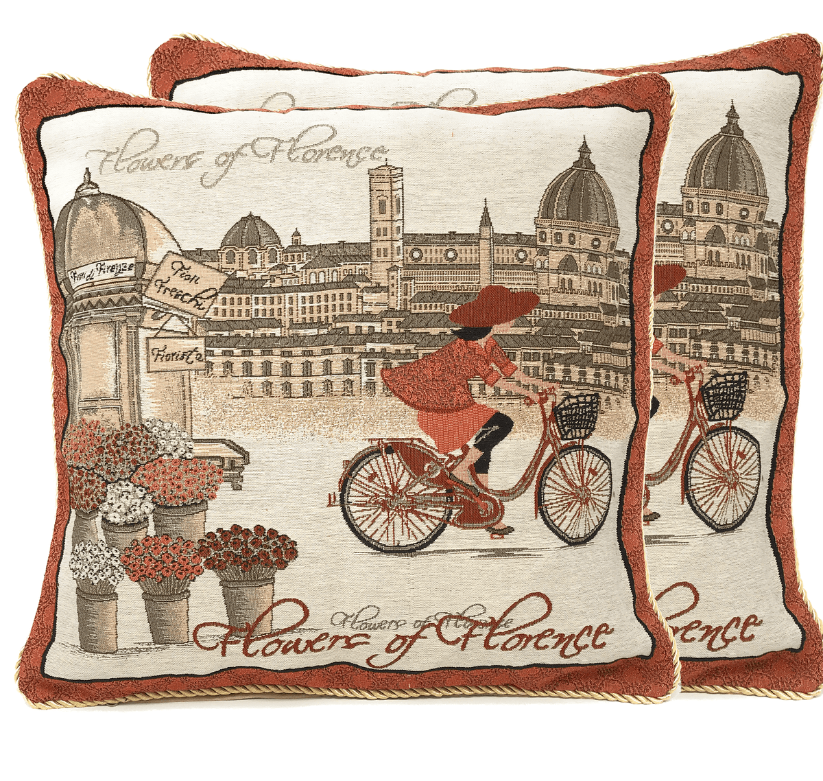 Tache Flowers of Florence Italy Skyline European Postcard Woven Tapestry Throw Pillow Cover (14003)
