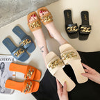 Women Sandals Design Gold Chain Closed Toe Slip On Mules Shoes