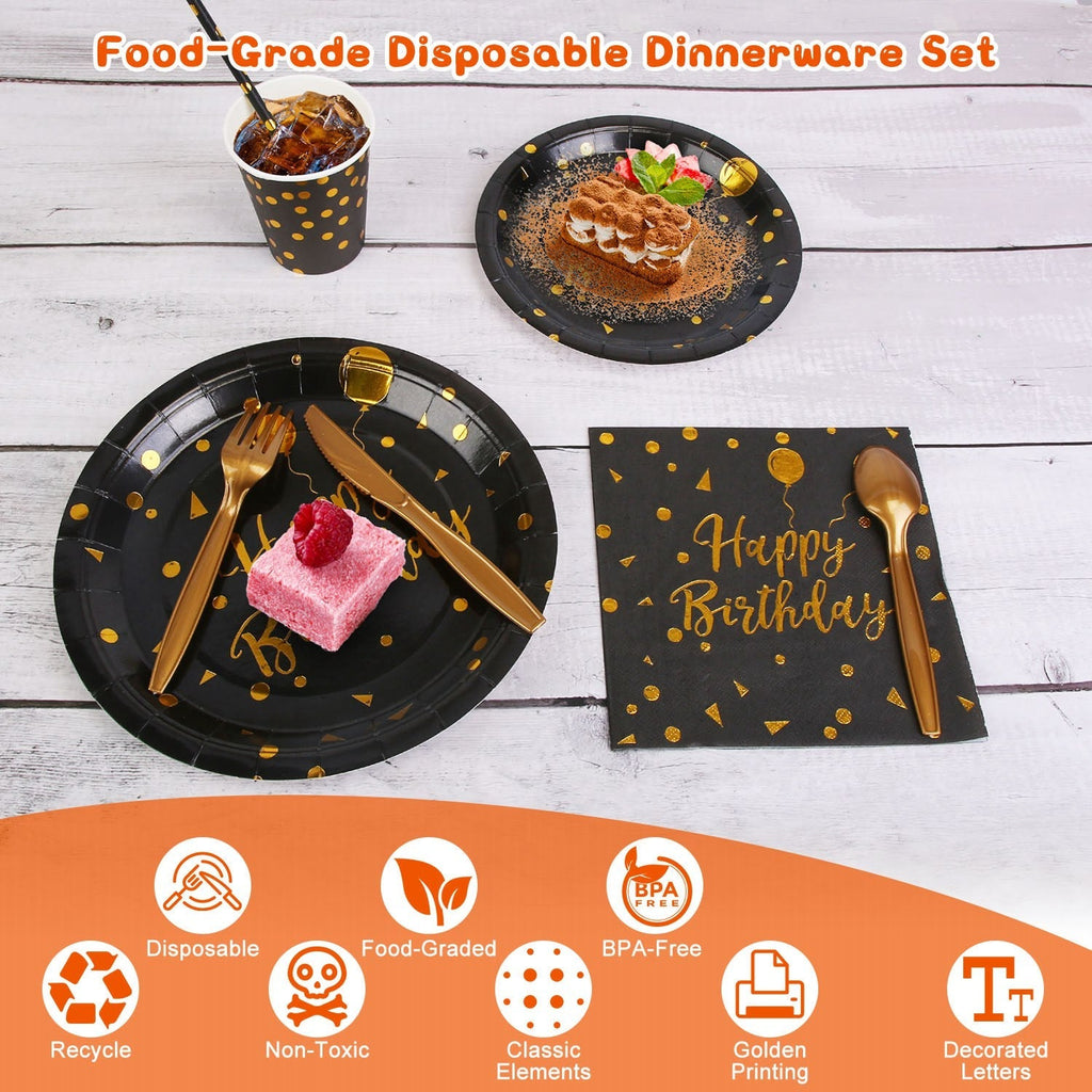 201PCS Black Gold Birthday Party Supplies For 25 Guests Happy Birthday Disposable Dinnerware Set