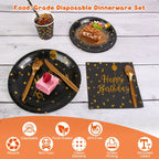 201PCS Black Gold Birthday Party Supplies For 25 Guests Happy Birthday Disposable Dinnerware Set