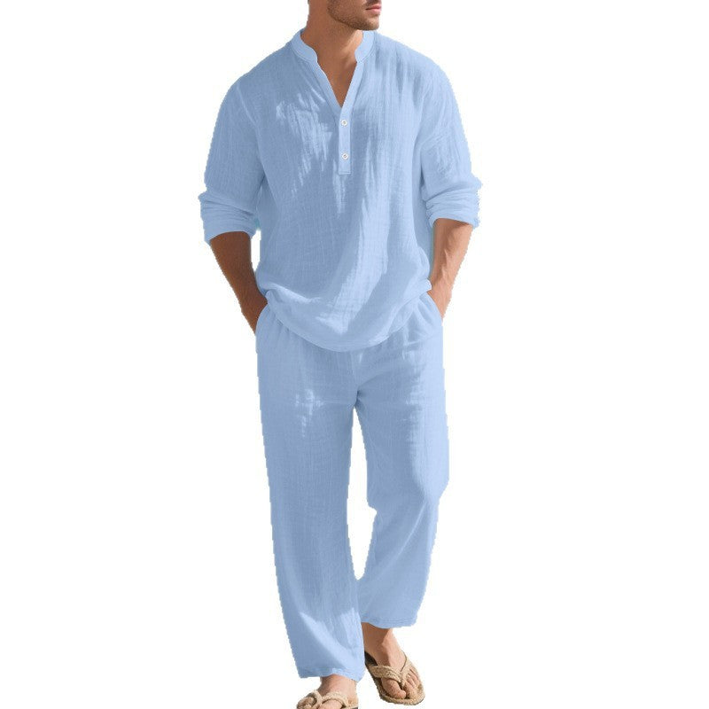 Mens Loose-Fit Long-sleeved Suit Casual Breathable V-Neck Henley Shirt
