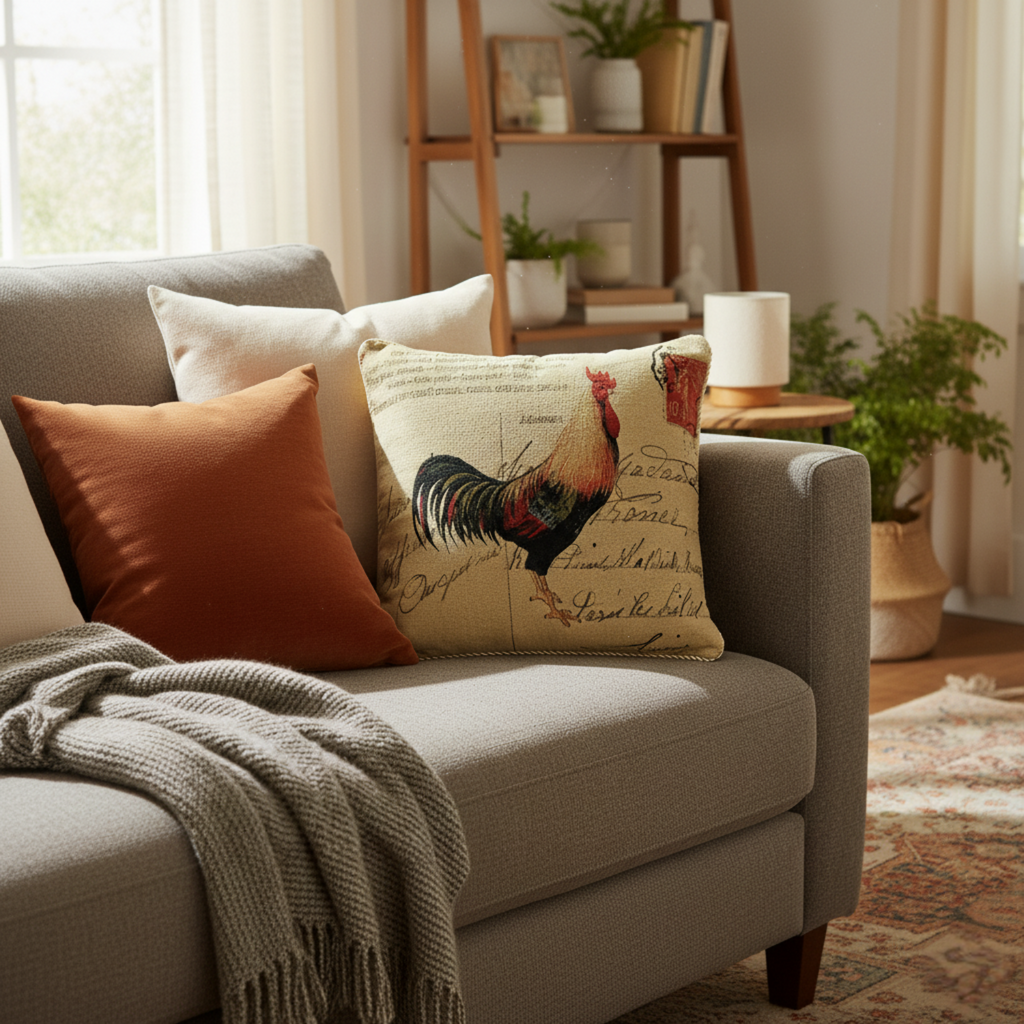 Tache Rooster Postcard European Farmhouse Cottage Vintage Tapestry Woven Throw Pillow Cover (15051)