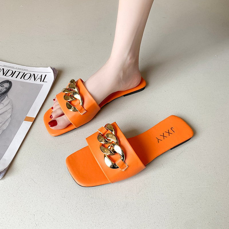 Women Sandals Design Gold Chain Closed Toe Slip On Mules Shoes