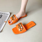 Women Sandals Design Gold Chain Closed Toe Slip On Mules Shoes