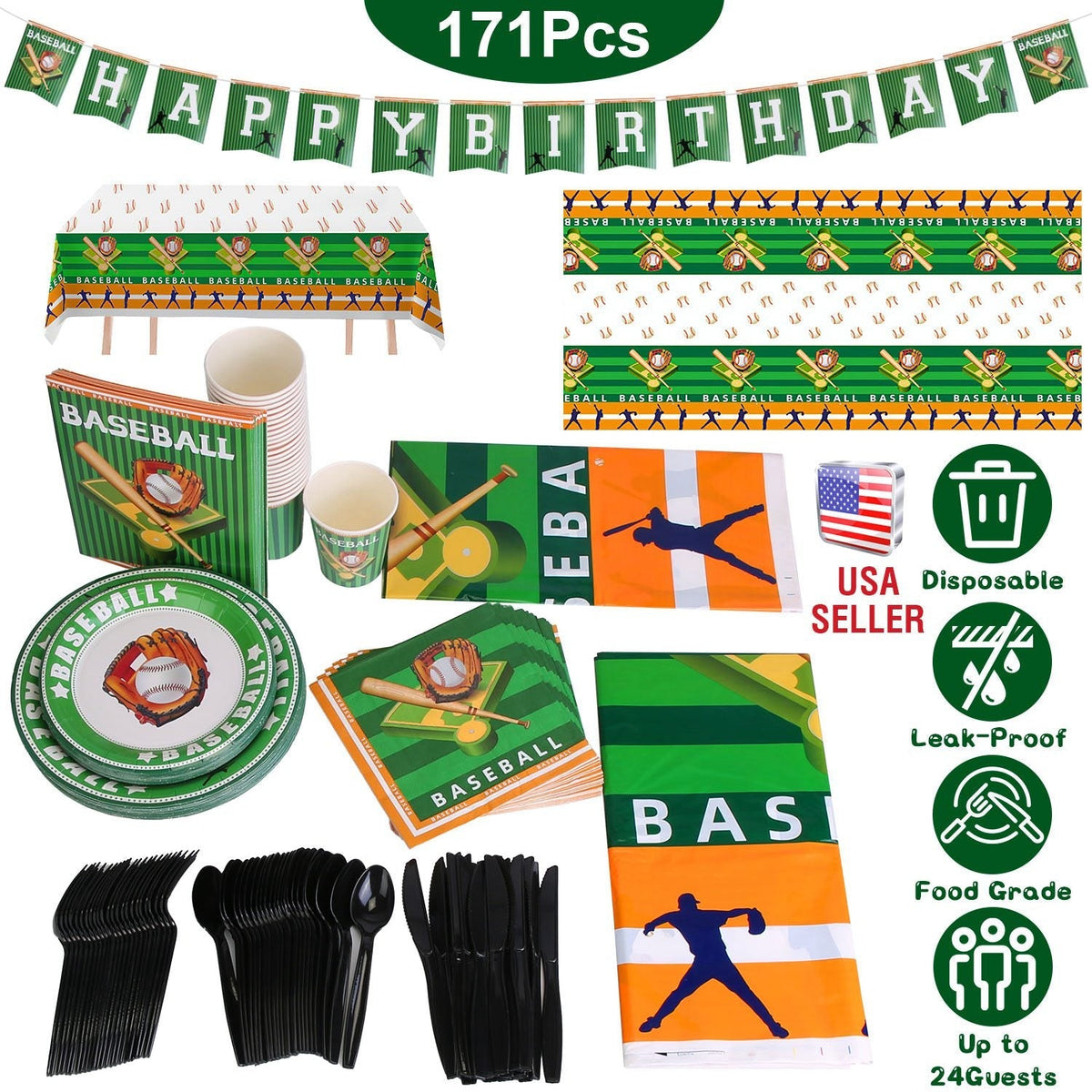 171Pcs Baseball Party Supplies Kit Baseball Birthday Party Disposable Dinnerware Set