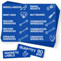 90 Pcs Magnetic Tool Box Labels 3.5x1 inch Blue Magnetic Toolbox Labels for Tool Box Drawers Strong Magnet Toolbox Organizer Chest Pre Printed & Blanked Emblems for Organization Toolbox Emblems