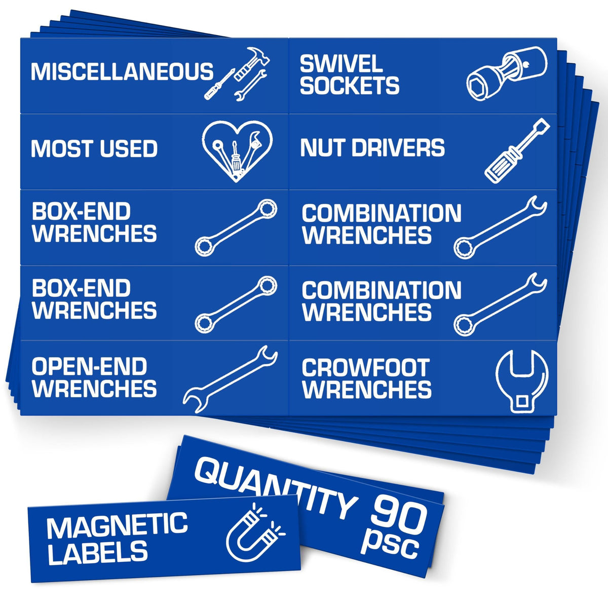 90 Pcs Magnetic Tool Box Labels 3.5x1 inch Blue Magnetic Toolbox Labels for Tool Box Drawers Strong Magnet Toolbox Organizer Chest Pre Printed & Blanked Emblems for Organization Toolbox Emblems