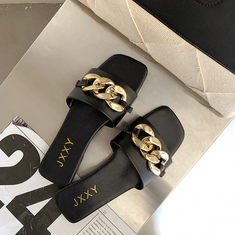 Women Sandals Design Gold Chain Closed Toe Slip On Mules Shoes