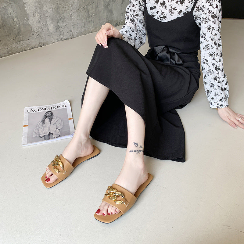 Women Sandals Design Gold Chain Closed Toe Slip On Mules Shoes