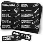 90 Pcs Magnetic Tool Box Labels 35x1 inch Magnetic Toolbox Labels for Tool Box Dwawers Strong Magnet Toolbox Organizer Chest Black Pre Printed & Blanked Emblems for Organization
