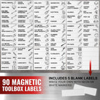 90 Pcs Magnetic Tool Box Labels 3.5x1 inch White Magnetic Toolbox Labels for Tool Box Drawers Strong Magnet Toolbox Organizer Chest Pre Printed & Blanked Emblems for Organization Toolbox Emblems