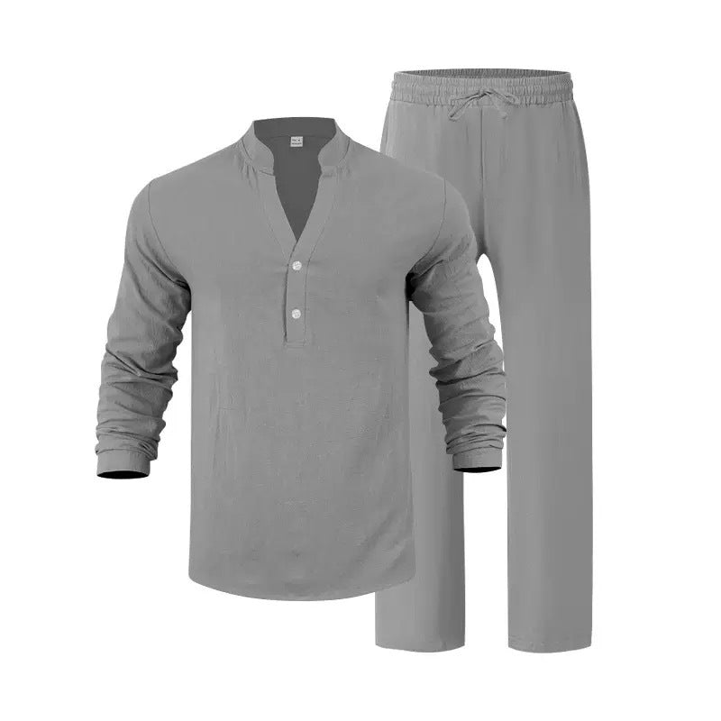 Mens Loose-Fit Long-sleeved Suit Casual Breathable V-Neck Henley Shirt