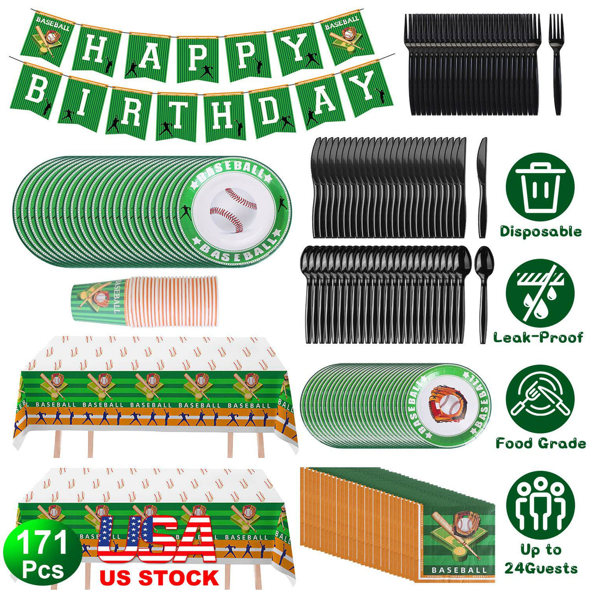 171Pcs Baseball Party Supplies Kit Baseball Birthday Party Disposable Dinnerware Set