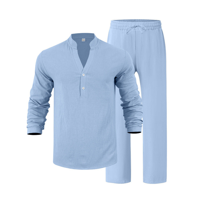 Mens Loose-Fit Long-sleeved Suit Casual Breathable V-Neck Henley Shirt