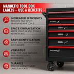90 Pcs Magnetic Tool Box Labels 35x1 inch Magnetic Toolbox Labels for Tool Box Dwawers Strong Magnet Toolbox Organizer Chest Black Pre Printed & Blanked Emblems for Organization