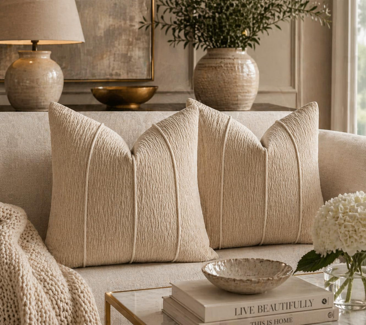 Fennco Styles Beige Chenille Lumbar Throw Pillow with Insert 12" X 20"