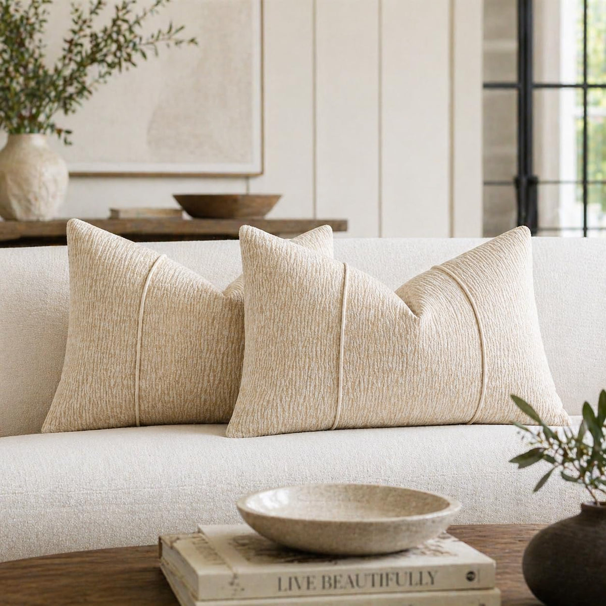 Fennco Styles Beige Chenille Lumbar Throw Pillow with Insert 12" X 20"