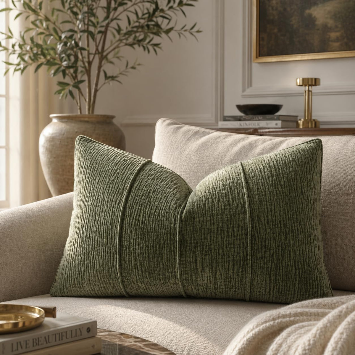 Fennco Styles Beige Chenille Lumbar Throw Pillow with Insert 12" X 20"