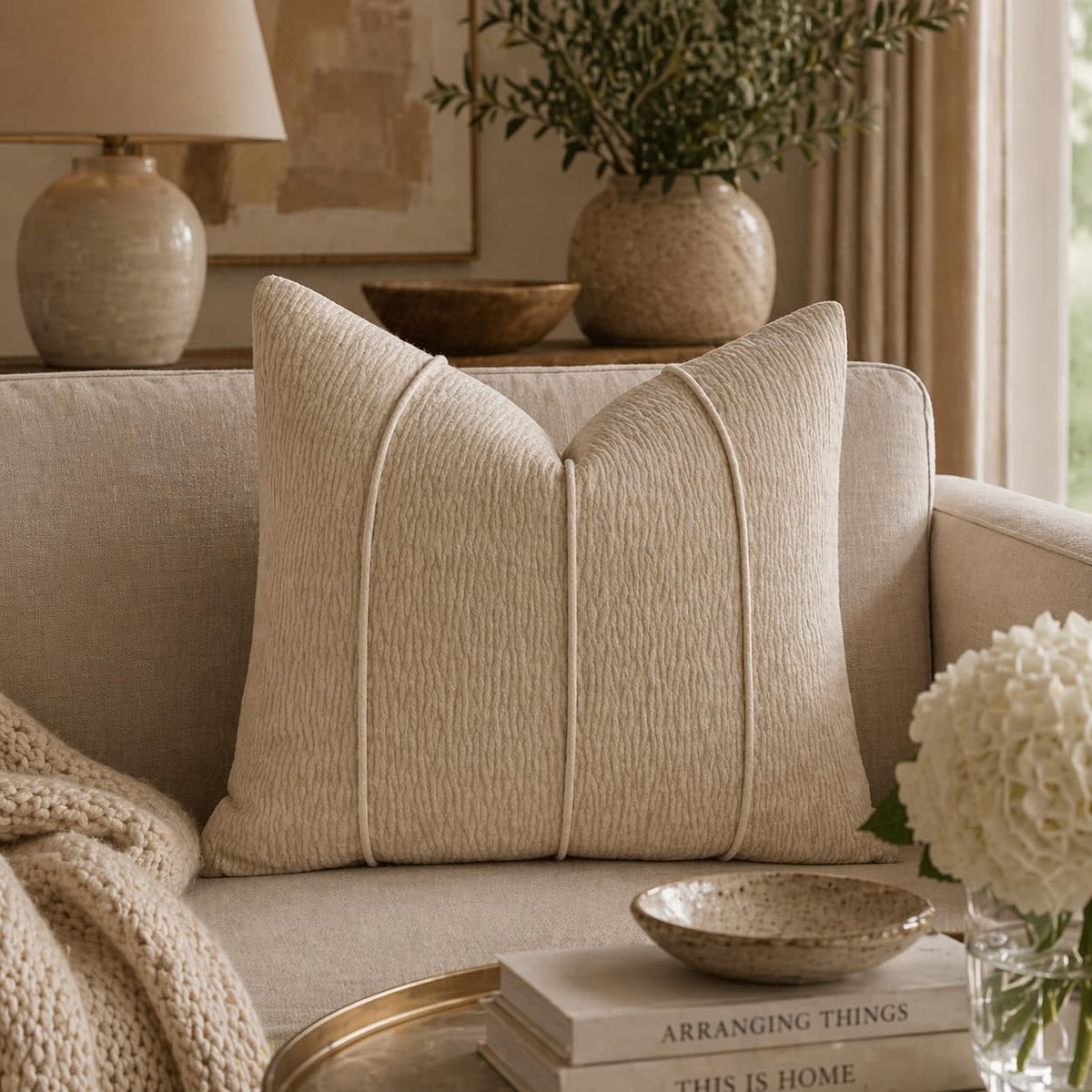 Fennco Styles Beige Chenille Lumbar Throw Pillow with Insert 12" X 20"