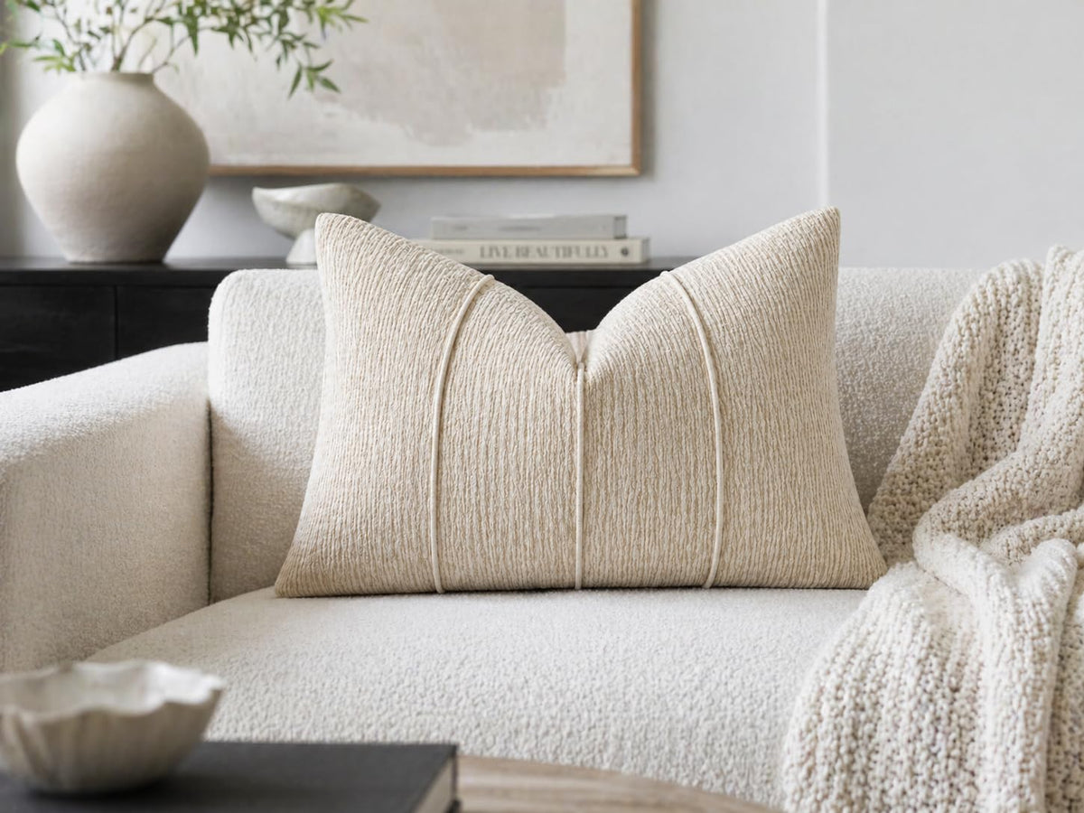Fennco Styles Beige Chenille Lumbar Throw Pillow with Insert 12" X 20"