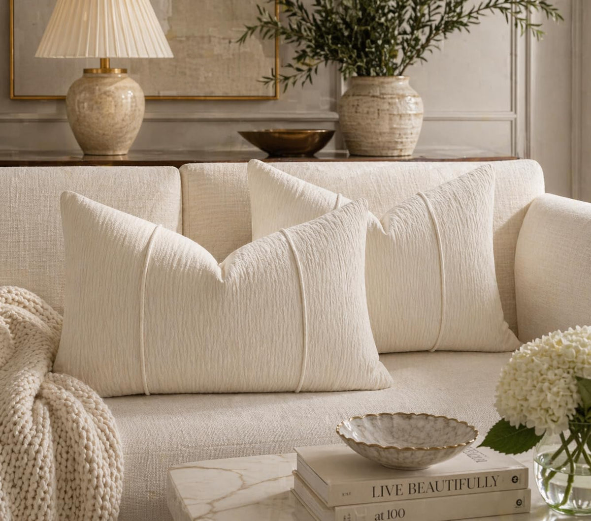 Fennco Styles Beige Chenille Lumbar Throw Pillow with Insert 12" X 20"