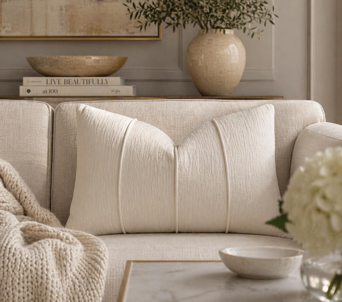 Fennco Styles Beige Chenille Lumbar Throw Pillow with Insert 12" X 20"