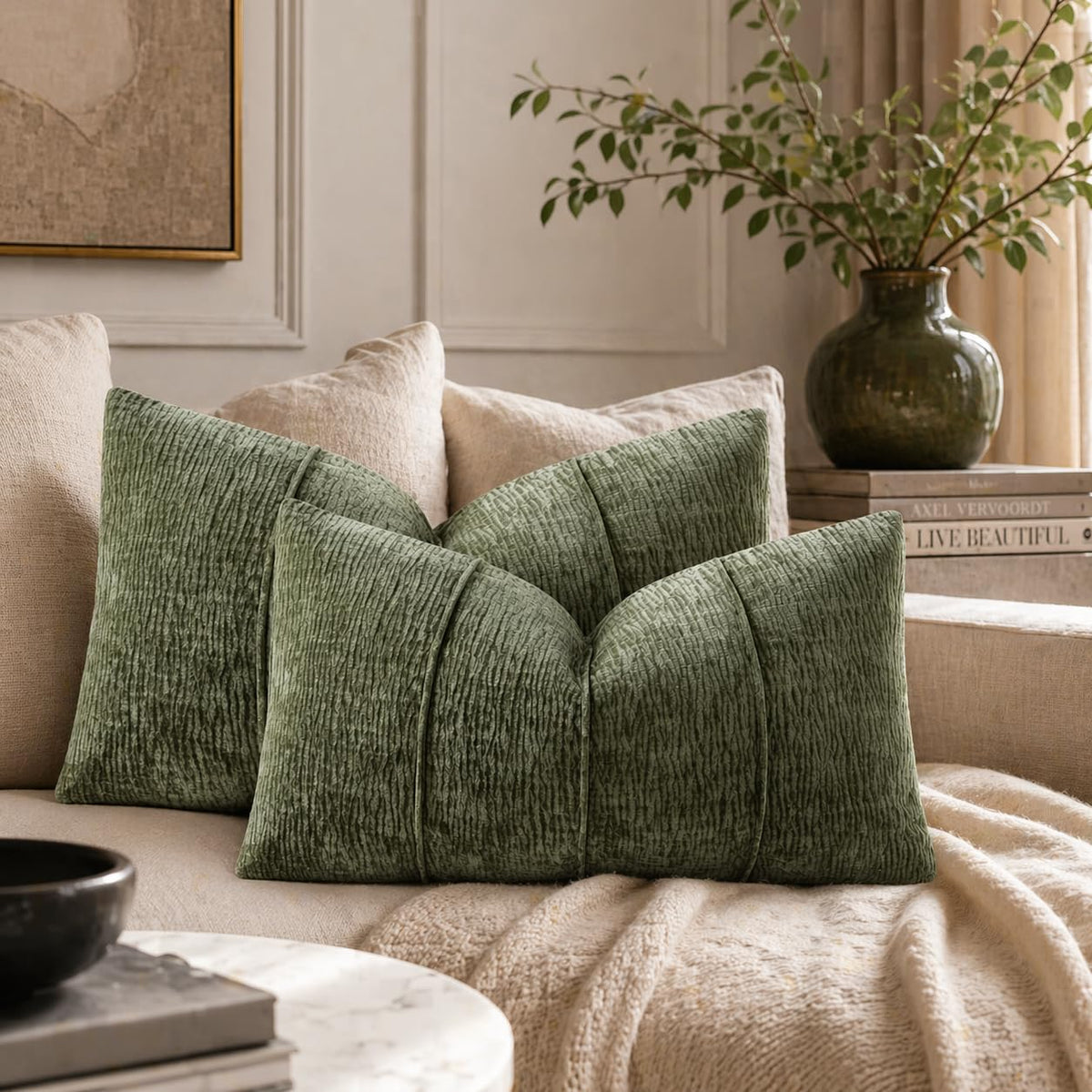 Fennco Styles Beige Chenille Lumbar Throw Pillow with Insert 12" X 20"