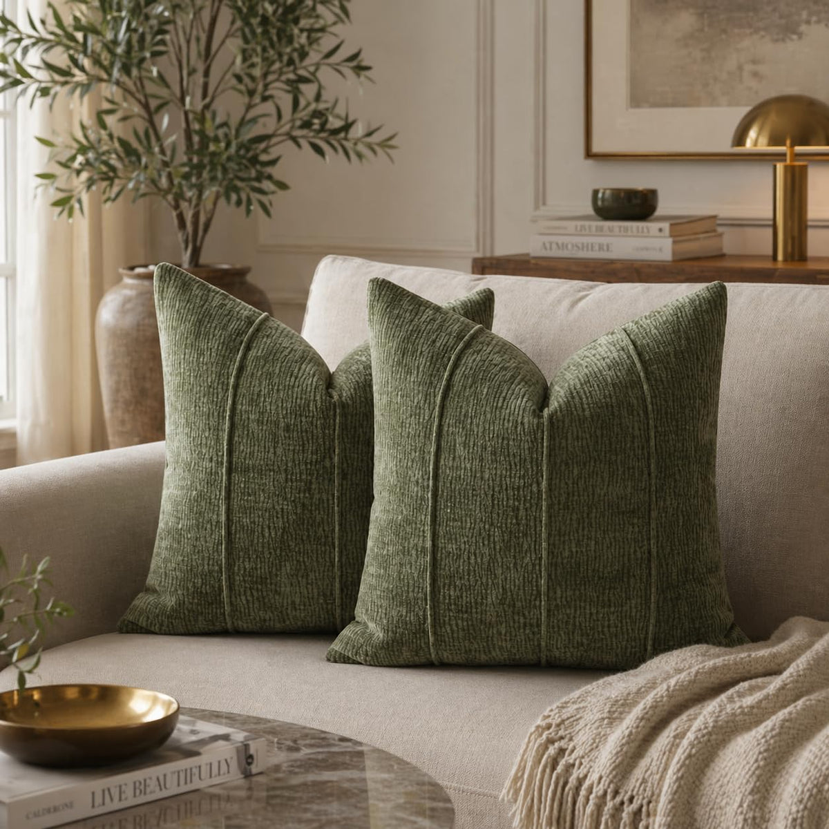 Fennco Styles Beige Chenille Lumbar Throw Pillow with Insert 12" X 20"