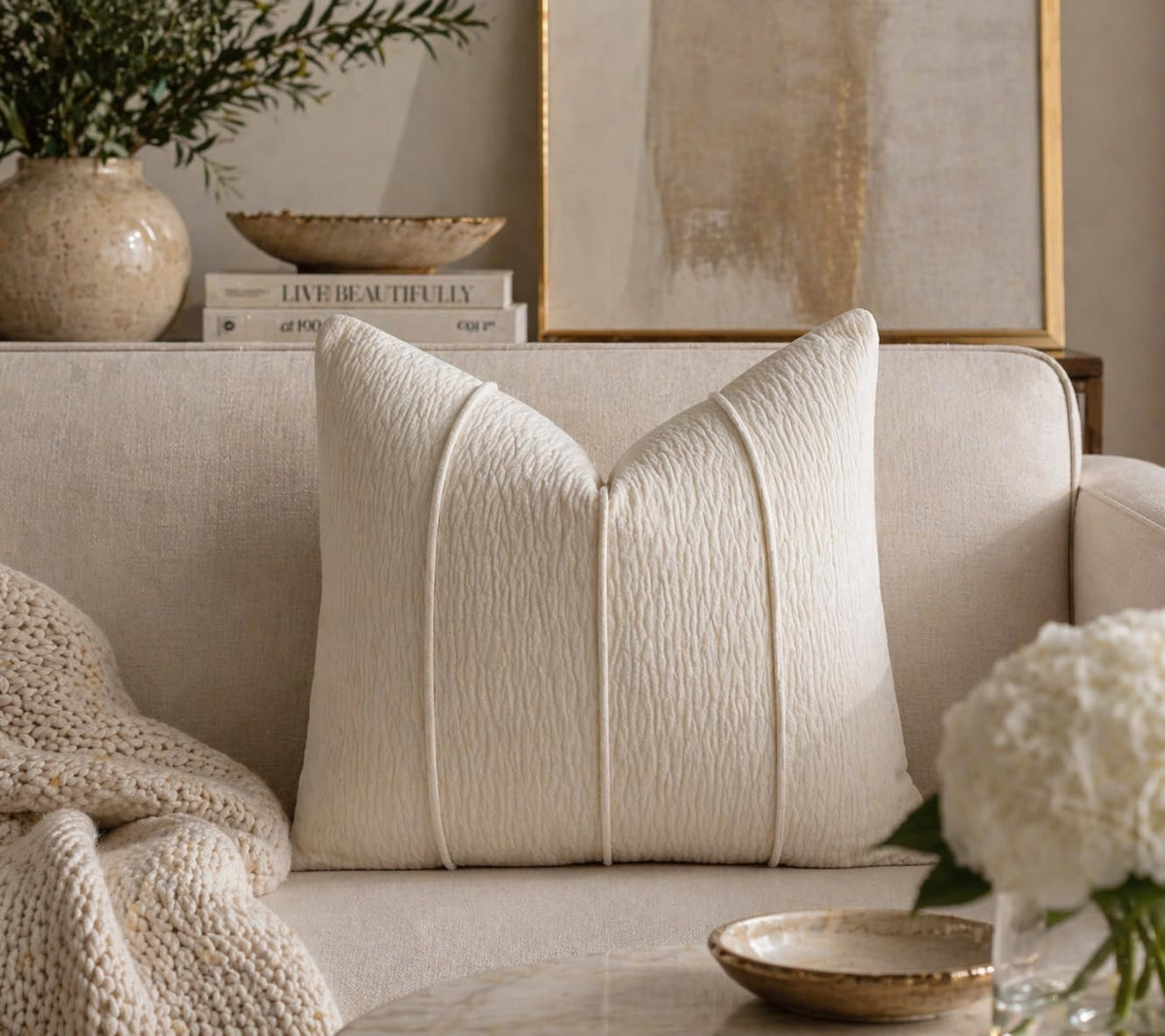 Fennco Styles Beige Chenille Lumbar Throw Pillow with Insert 12" X 20"