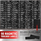 90 Pcs Magnetic Tool Box Labels 35x1 inch Magnetic Toolbox Labels for Tool Box Dwawers Strong Magnet Toolbox Organizer Chest Black Pre Printed & Blanked Emblems for Organization