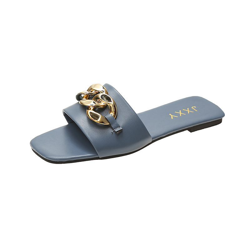 Women Sandals Design Gold Chain Closed Toe Slip On Mules Shoes