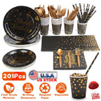 201PCS Black Gold Birthday Party Supplies For 25 Guests Happy Birthday Disposable Dinnerware Set