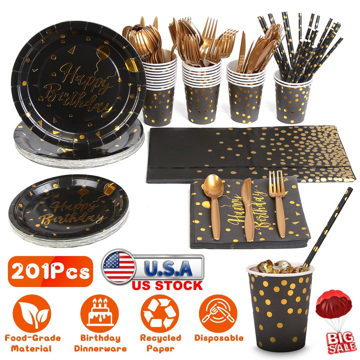 201PCS Black Gold Birthday Party Supplies For 25 Guests Happy Birthday Disposable Dinnerware Set