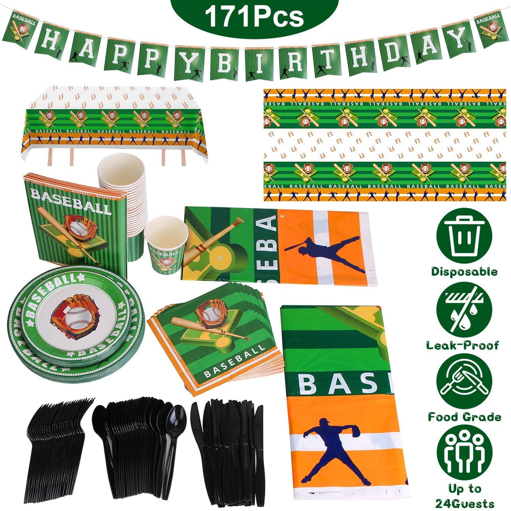 171Pcs Baseball Party Supplies Kit Baseball Birthday Party Disposable Dinnerware Set
