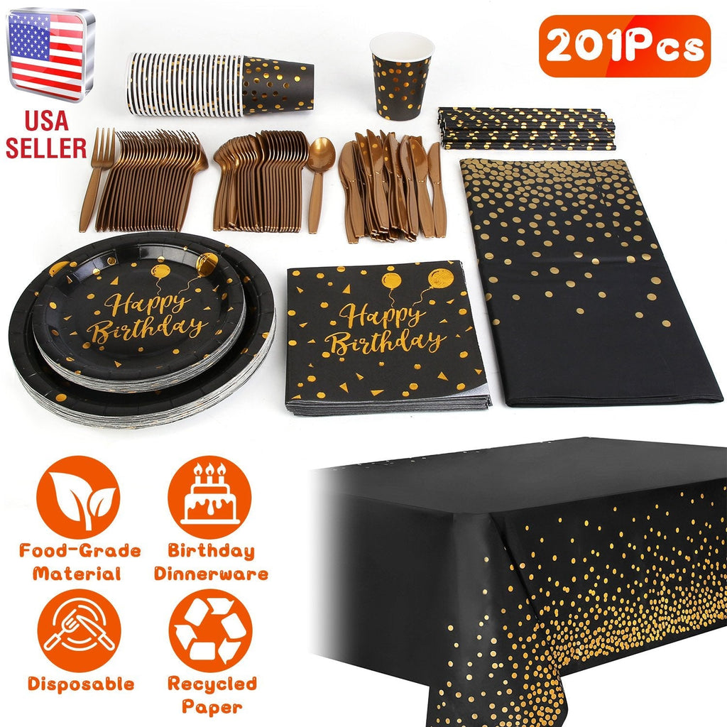 201PCS Black Gold Birthday Party Supplies For 25 Guests Happy Birthday Disposable Dinnerware Set