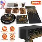 201PCS Black Gold Birthday Party Supplies For 25 Guests Happy Birthday Disposable Dinnerware Set