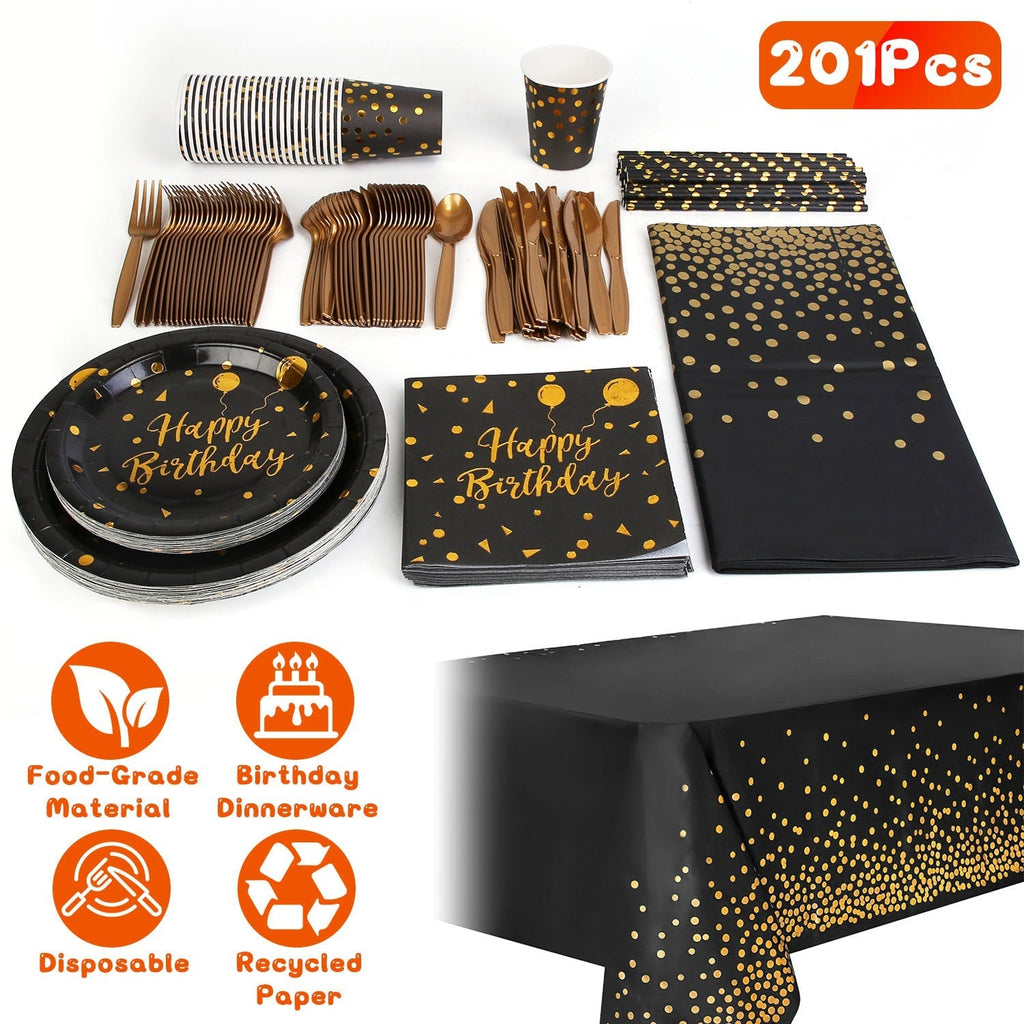 201PCS Black Gold Birthday Party Supplies For 25 Guests Happy Birthday Disposable Dinnerware Set
