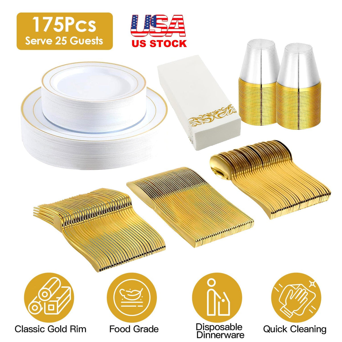 175Pcs Disposable Gold Dinnerware Set