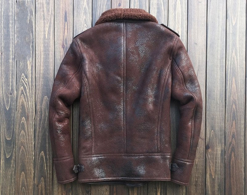 Men's Distressed Burgundy-Brown B3 Sheepskin Bomber