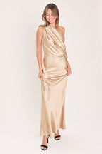 GILDED DRAPE SATIN ONE-SHOULDER MAXI DRESS