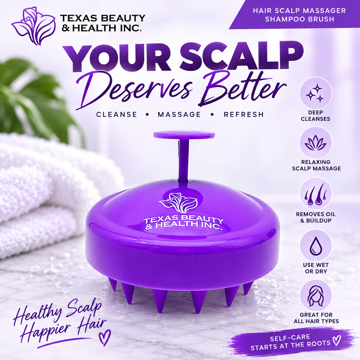 Texas Beauty & Health Scalp Massager Shampoo Brush, Massaging Scrubber