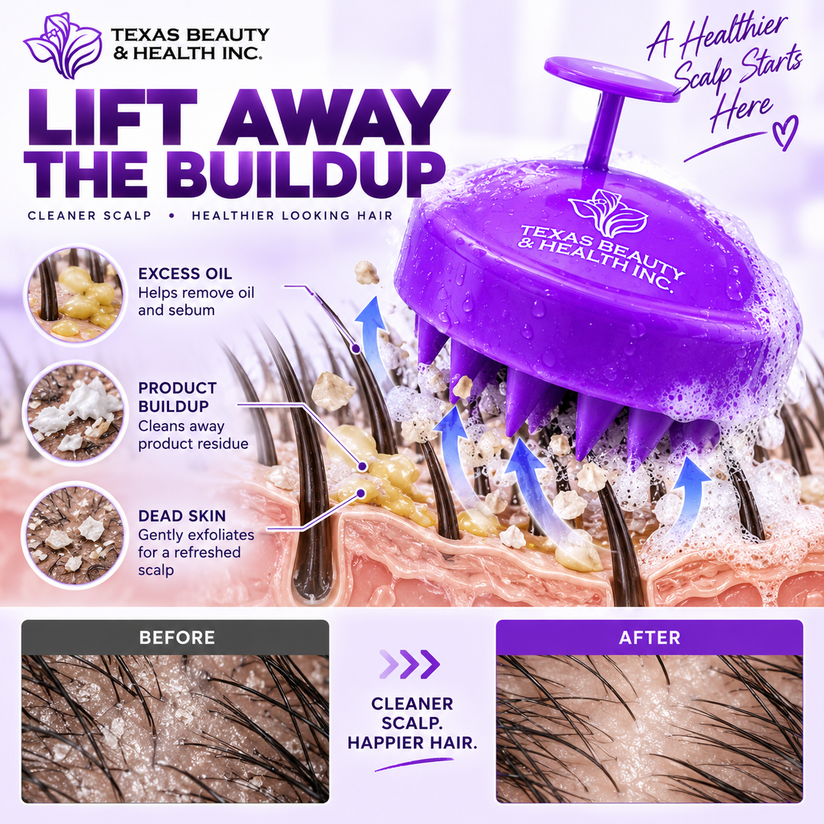 Texas Beauty & Health Scalp Massager Shampoo Brush, Massaging Scrubber