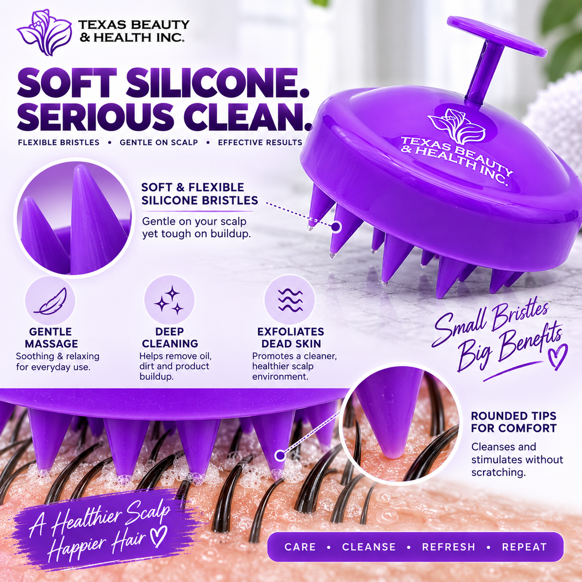 Texas Beauty & Health Scalp Massager Shampoo Brush, Massaging Scrubber