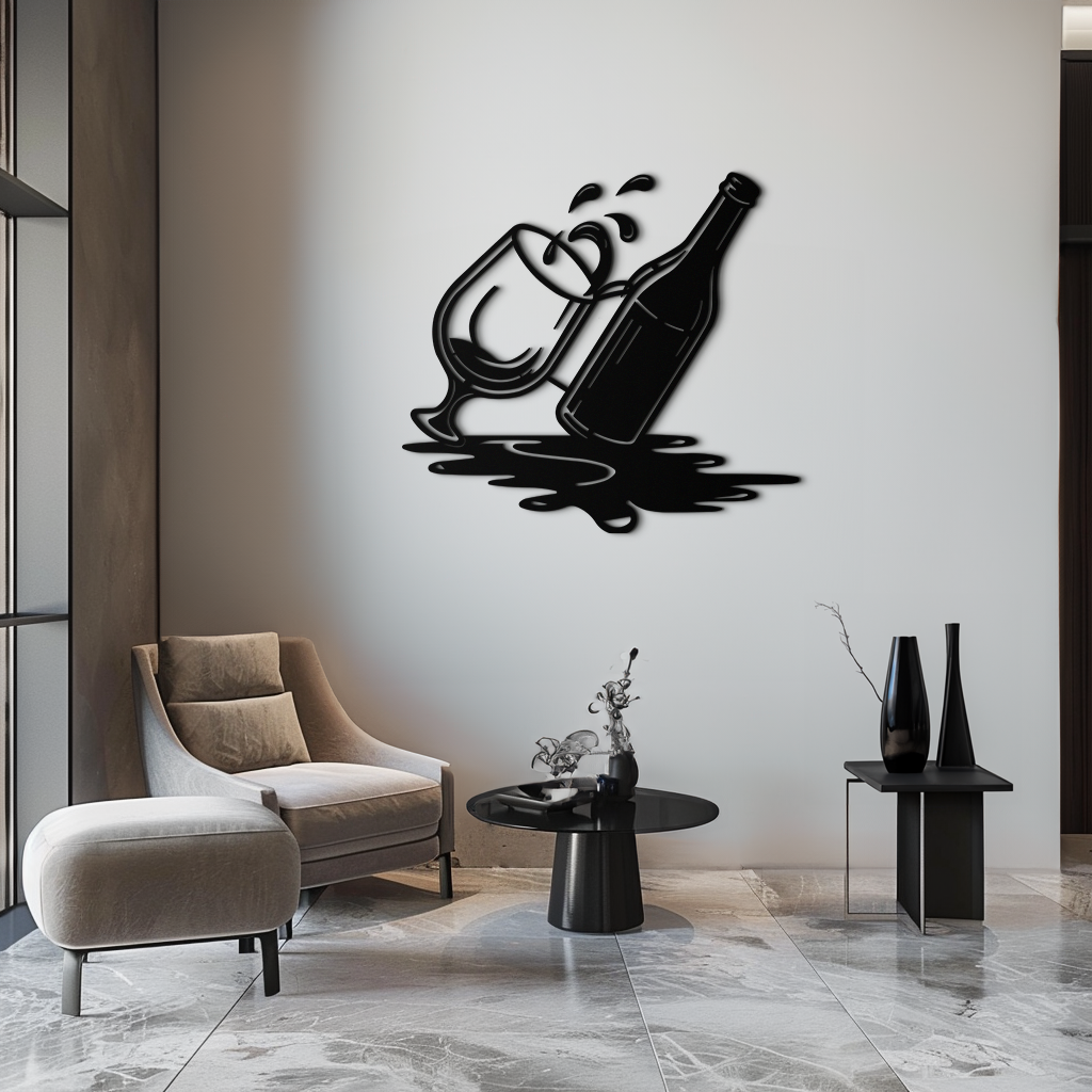 Wine Bottle and Glass Metal Wall Art