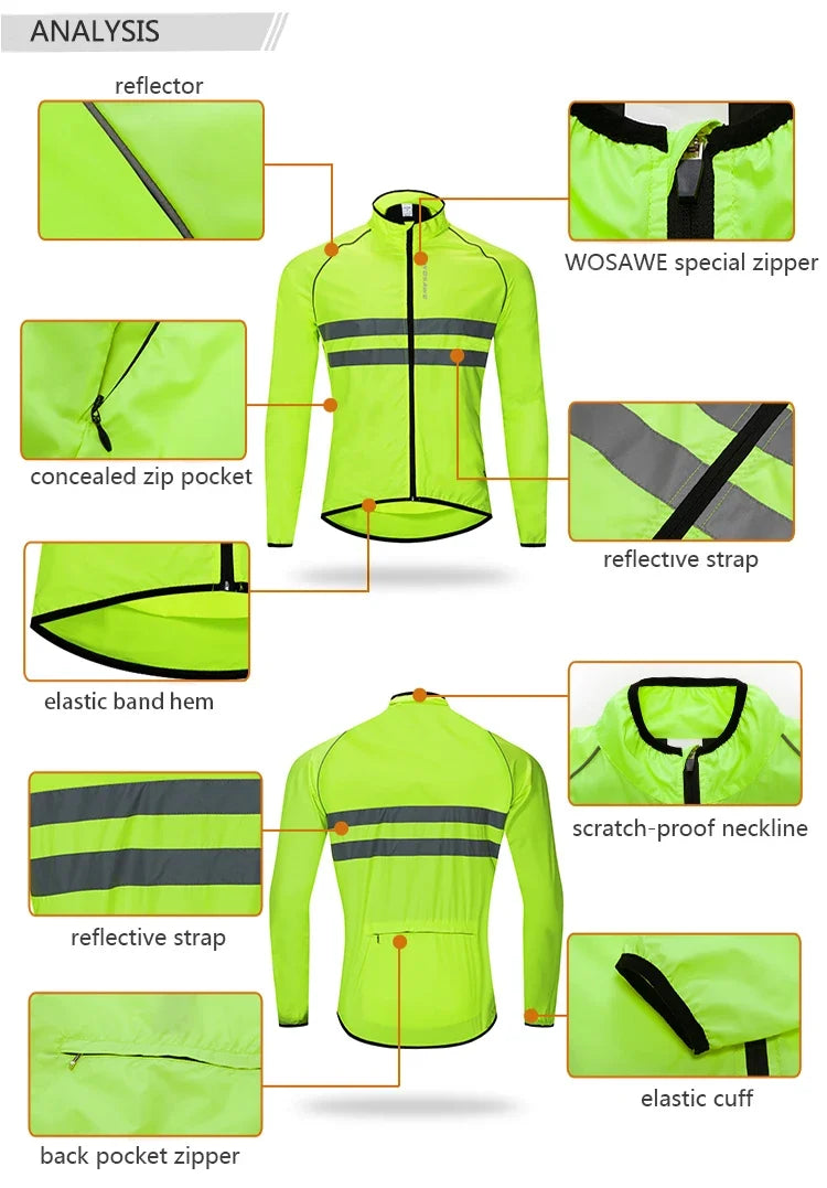 WOSAWE Men Cycling Windbreaker MTB Bicycle Long Sleeve Coat Water Resistant Outdoor Sport Jersey