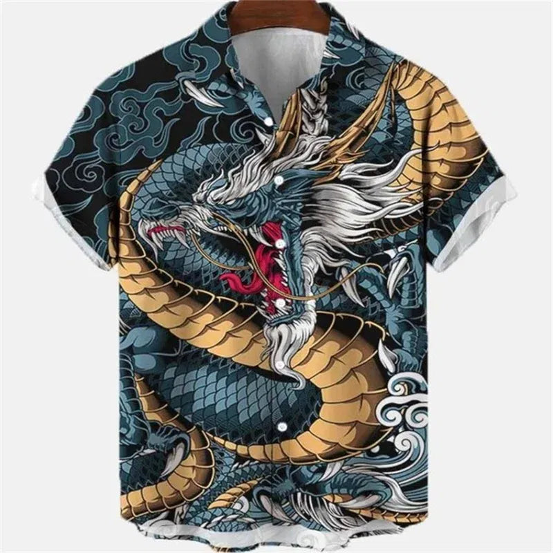 Summer Men's Dragon Pattern Element Shirt Social Casual Vintage Hawaiian Shirt